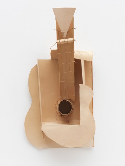 Pablo Picasso, Guitar, 1912, paperboard, paper, thread, string, twine, and coated wire, 25 3/4 x 13 x 7 1/2 inches.