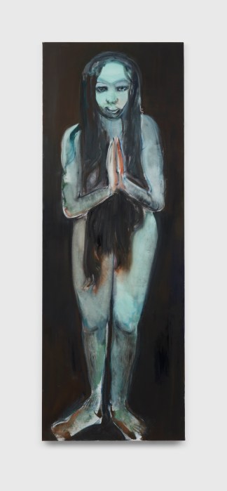 A painting of a naked woman with long black hair stretching down over most of her figure, with her hands pressed together in prayer.
