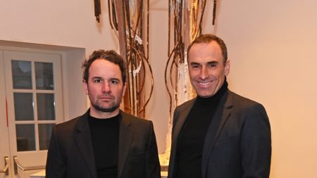 LONDON, ENGLAND - APRIL 27: Julien Lombrail (L) and Loic Le Gaillard attend the opening of Carpenters Workshop Gallery in the newly redeveloped Ladbroke Hall, featuring exhibitions by Sir David Adjaye and Jose Zanine Caldas, on April 27, 2023 in London, England. (Photo by David M. Benett/Alan Chapman/Dave Benett/Getty Images)