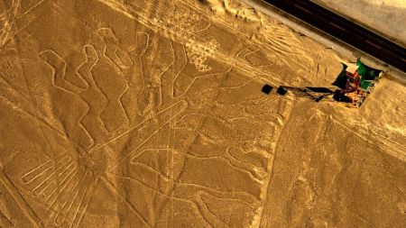 Aerial view of the geoglyph known as the Guarango Tree at Nazca Lines, south of Lima, Peru, 2014.