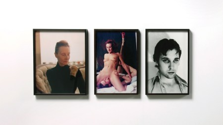 Three famed photographs. One shows an older woman poised gracefully with a wrist brace. The second shows that same woman nude and sitting on a man's face, his tongue extended into her crotch. The third shows a young boy.