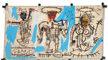 A painting of three scrawled figures on a canvas.