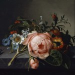 A painting of a few flowers on a stone ledge, with a giant-seeming beetle and large pink rose in the center.